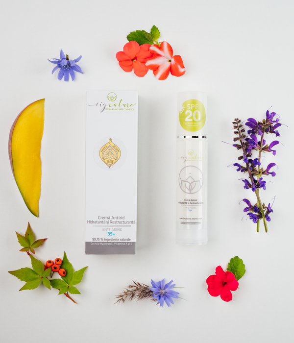 Feuchtigkeitsspendende und umstrukturierende Anti-Falten-Creme 35+ mit Hyaluronsäure, Vitamin A und E - 50 ml 